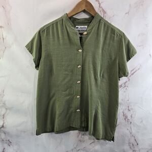 Columbia Shirt Womens XL Green Linen Button Vintage Camp Short Sleeve Mandarin